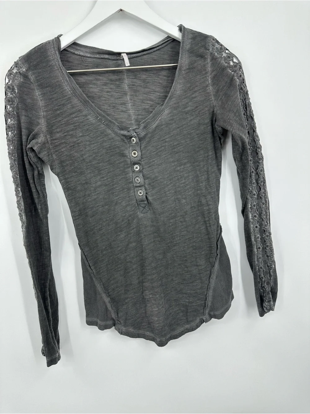 Free People Gray Henley Long Sleeve Cut Out Shirt Size Small Boho